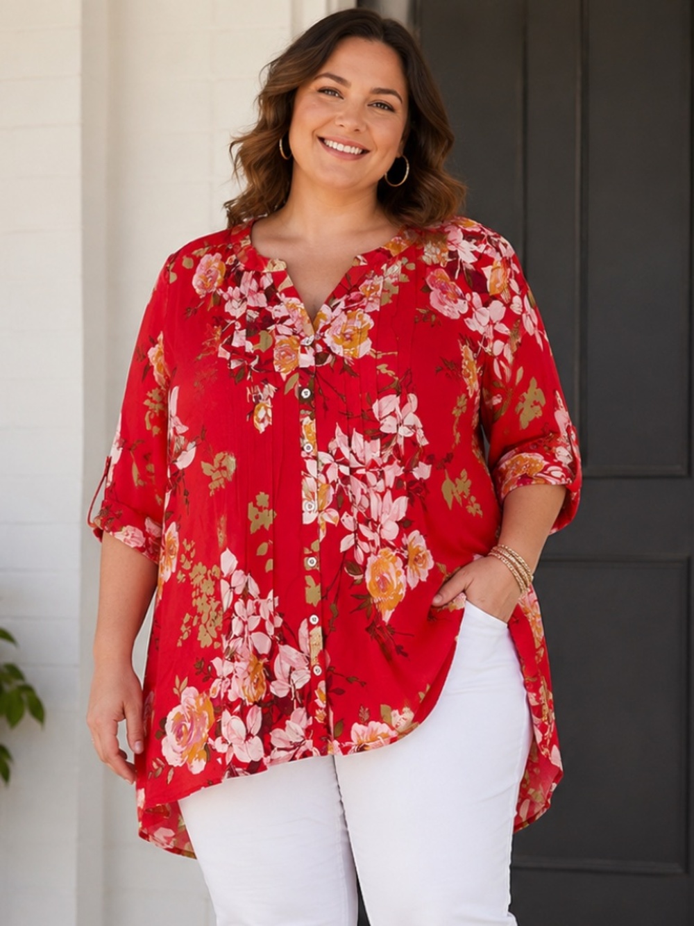 Roaman's Red Floral Plus Womens Tunic Top Cotton Pin tuck, Cover Up Pool Beach
